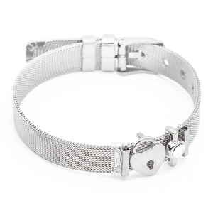 Minimalist silver mesh bracelet with heart lock and crystal charm, adjustable belt style