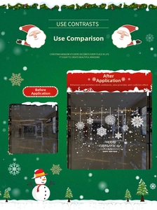 Detailed comparison of Christmas snowflake window decals showing before and after application