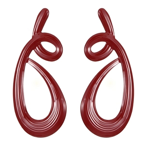 Deep red geometric earrings with abstract fluid design and high-gloss finish on white background