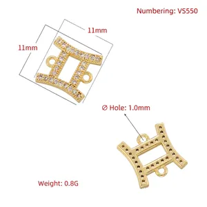 Micro-pave Gemini zodiac connector charm in gold-plated copper for DIY jewelry