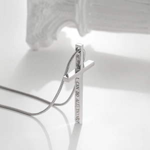 Collier avec pendentif croix en acier inoxydable argenté et gravure Philippians I Can Do All Things