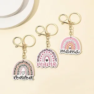 Pink rainbow leopard print keychain set with golden clasp and mama letters engraving