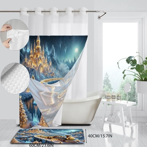 White waffle shower curtain with magic castle snow scene and matching bath mat set