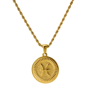 Gold Pisces constellation coin pendant on a rope chain made of 18k titanium steel