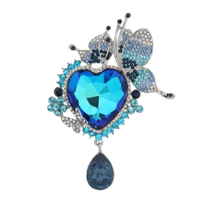 Luxury butterfly brooch with large heart blue crystal and dangling teardrop pendant