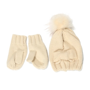 Winter knitted hat and mittens set for children with bow tie and fluffy faux fur pompom