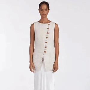 Sleeveless cream linen-blend top with asymmetric front placket and buttons for women