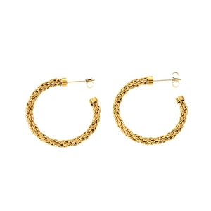 Golden 18K gold plated C-shaped hollow twisted hoop earrings with textured finish