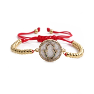 Adjustable gold bead and red rope Hamsa bracelet featuring colorful cubic zirconia stones