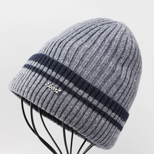 Men Winter Warm Fleece Lined Wool Knit Beanie Hat Fashion Sport Metal Label Striped Ribbed Pullover Cap Cold Weather Outdoor
