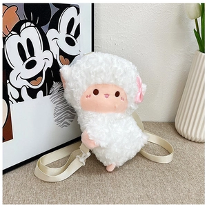 Detail of cute white plush lamb backpack with pink bow and adjustable straps