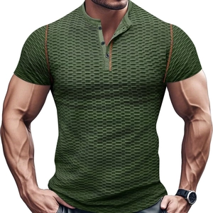 T-shirt Henley da uomo verde oliva in maglia a nido d'ape con bordi a contrasto e vestibilità slim