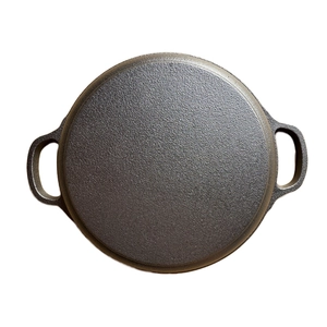 Professional cast iron frying pan with matte texture and dual handles, top view