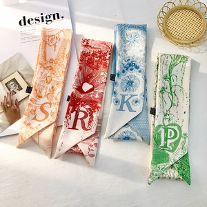 Narrow Long Scarf Twilly Hairband Imitation Satin Letter Floral Print Bag Handle Ribbon Hair Tie Neck Scarf Women