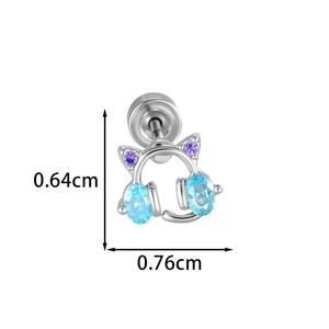 Cute kitten wearing headphones stud earring in silver with blue and purple gemstones