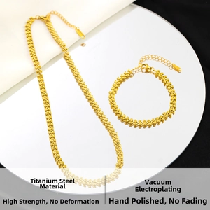 Detail of gold wheat leaf chain necklace and bracelet set in polished titanium steel