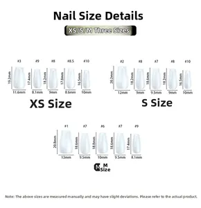 Guide des tailles pour faux ongles montrant les mesures XS, S et M en millimètres