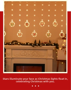 Close-up of LED snowflake curtain lights with warm mini Christmas figurines inside baubles