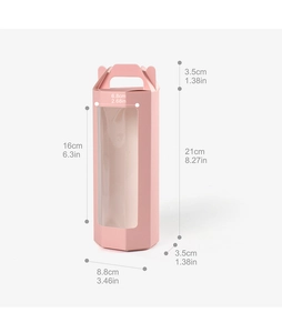 Pink octagonal gift box with window handle and detailed dimensions in cm and inches