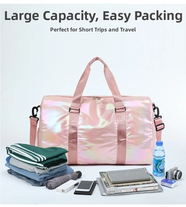 Laser pink travel bag with holographic finish and large capacity shown with travel items
