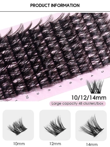 Detail of 10/12/14mm segmented false eyelashes in a 48 clusters per box pack