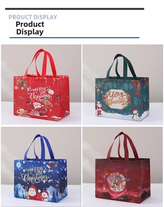 Collage of four festive Christmas non-woven gift bags in red, green, blue, and burgundy colors