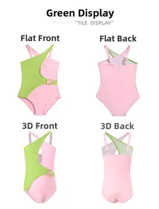 Detail view of one-shoulder girls swimsuit with gold ring and pink-green color block