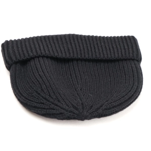 Close-up of black ribbed knit beanie showing thick texture and vertical stitch details