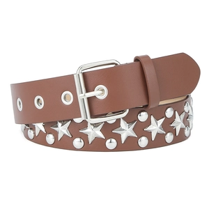 Brown leather punk belt with silver star studs and round rivets in a coiled display