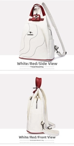 Detail of red and white PU leather backpack with wave quilting and kangaroo logo