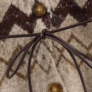 Brown and beige geometric jacquard knit cardigan with leather belt and buttons