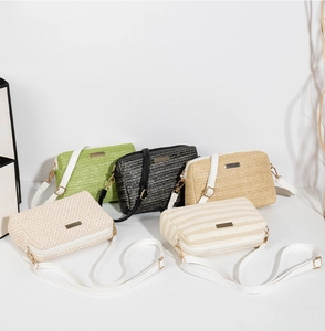 Detailed collection of straw woven crossbody bags in green, black, and neutral colors
