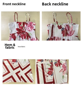 Floral A-line dress detail showing back elastic shirring and spaghetti straps design