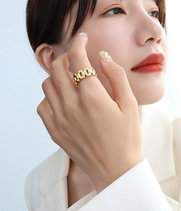 Detail view of a 18k gold plated stainless steel watch link chain ring on a finger