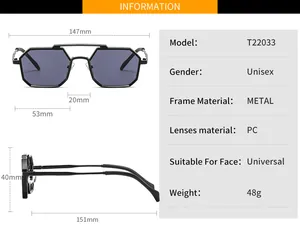 Detailed size chart for unisex metal polygon sunglasses with full frame dimensions
