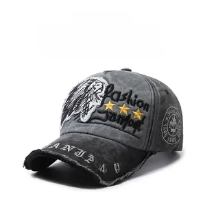Detail of vintage washed baseball cap with Indian chief patch and star embroidery