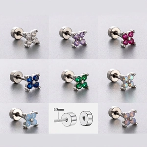 Flower Stud Earrings Titanium Steel Zircon Opal Inlay Screw Back Small Cartilage Piercing Jewelry For Women
