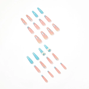 Macaron blue coffin press-on nails with 3D bows and floral patterns in 24-piece set