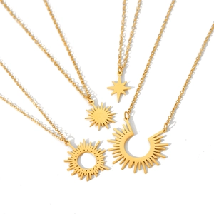 Golden stainless steel sun and starburst pendant necklaces set for women in 18K gold finish