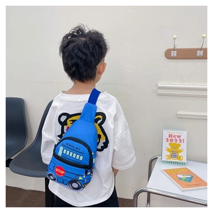 Detail view of cute blue school bus chest bag for kids with adjustable shoulder strap