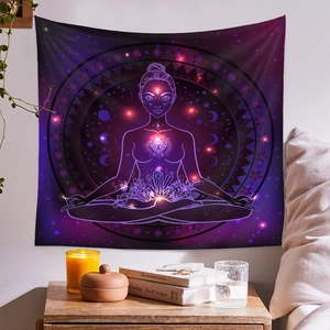 Cozy bedroom wall hanging featuring a purple meditation silhouette with healing crystals
