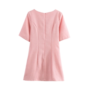 Pink short sleeve tweed dress with back zipper closure and tailored A-line silhouette