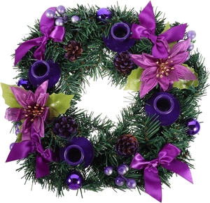 Detail of Christmas candle holder with purple poinsettias, pine needles and baubles