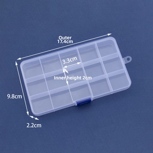Detailed dimensions of 15-compartment clear plastic organizer box with blue latches