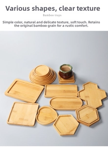 Detailed view of various geometric bamboo trays with natural wood grain patterns