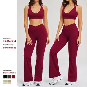 Ensemble de Yoga pour Femmes Haut et Bas Pantalon Évasé Taille Haute Croisée Col en V Sensation Nue Sport Fitness Gym