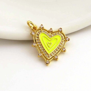 Golden heart pendant with neon green enamel and micro-set cubic zirconia for DIY jewelry