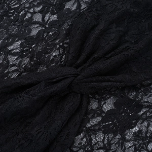 Close-up of black floral lace fabric detailing sheer mesh texture and intricate patterns