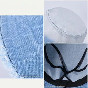 Cappello da pescatore regolabile in denim blu con bordi sfrangiati e parasole