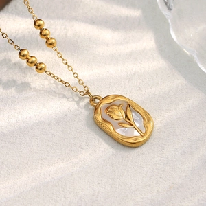 Rose Flower Pendant Necklace Stainless Steel 18K Gold Plated Mother Of Artificial Pearl Shell Beaded Station Chain Vintage For Women